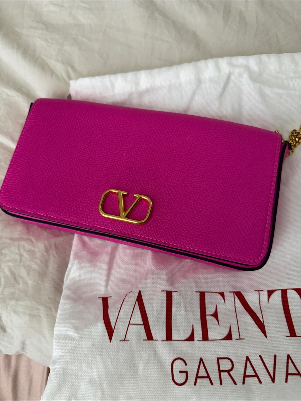 Valentino VLogo Leather Crossbody in Bright Fuchsia with Gold Hardware